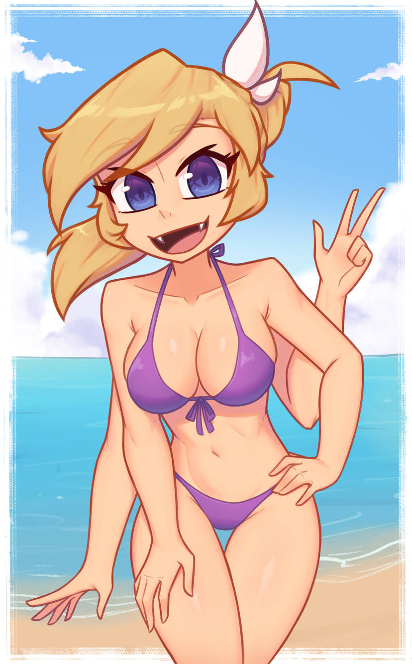 1girl bad_source bikini blonde_hair blue_eyes breasts cloud collarbone extra_arms fangs highres large_breasts long_hair looking_at_viewer navel neck nelly_(xyronii) nose ocean open_mouth original ponytail sky smile solo swimsuit thighs tounge xyronii