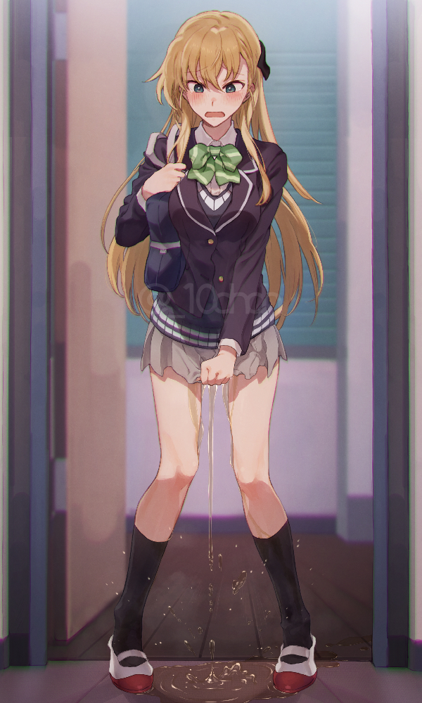 black_jacket black_socks blazer blonde_hair blue_eyes blush bow bowtie breasts collared_shirt commentary_request commission full_body gamers! green_bow green_bowtie grey_skirt imoden jacket kneehighs large_breasts legs_apart long_hair miniskirt open_mouth pee peeing peeing_self pleated_skirt puddle shirt shoes skeb_commission skirt socks standing tendou_karen watermark white_shirt