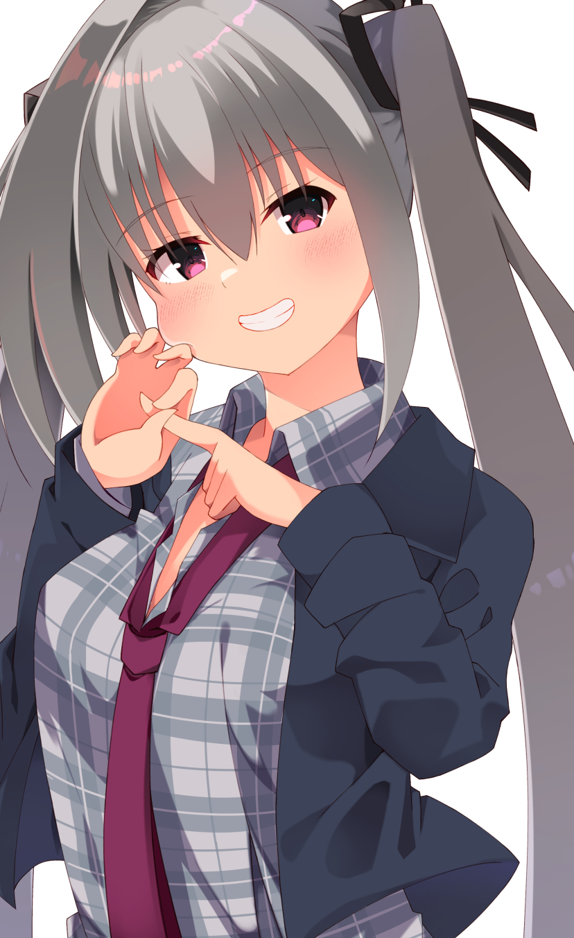 1girl black_jacket black_ribbon blush casual collared_shirt commentary dracu-riot! elena_olegovna_owen eyes_visible_through_hair grey_hair grin hair_between_eyes hair_ribbon hands_up highres index_finger_raised jacket long_hair looking_at_viewer minase_kaya necktie official_alternate_costume open_clothes open_jacket penetration_gesture plaid plaid_shirt red_eyes red_necktie ribbon shirt smile solo straight_hair twintails upper_body very_long_hair