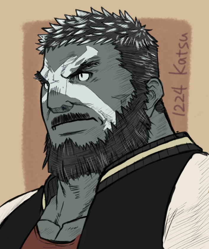 1boy adam's_apple bara beard colored_skin colored_tips facepaint facial_hair final_fantasy final_fantasy_xiv forked_eyebrows full_beard grey_skin katsu_7518 looking_ahead mature_male multicolored_hair pectoral_cleavage pectorals portrait roegadyn short_hair solo streaked_hair thick_beard thick_eyebrows thick_neck warrior_of_light_(ff14) white_hair