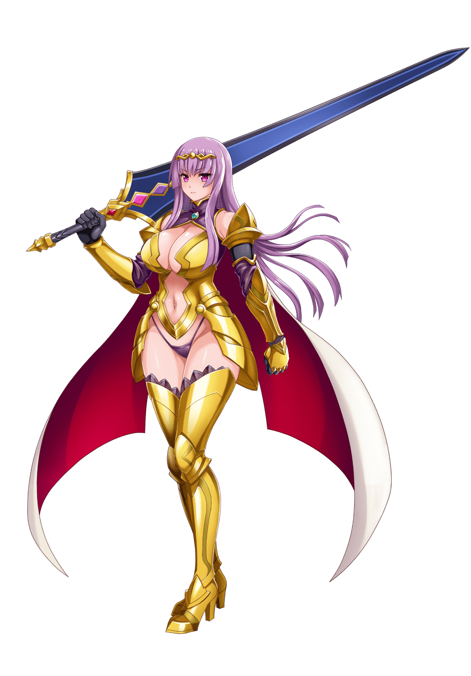 1girl arm_armor armor armored_boots bikini_armor black_gloves boots breastplate breasts cape center_opening circlet claudette_(queen's_blade) claudette_(queen's_blade_unlimited) cleavage_cutout clothing_cutout elbow_gloves full_body gauntlets gloves gold_armor greaves groin hair_between_eyes high_heel_boots high_heels highleg highleg_panties highres holding holding_sword holding_weapon large_breasts leg_armor long_hair looking_at_viewer navel navel_cutout official_art open_mouth panties purple_eyes purple_hair queen's_blade queen's_blade_unlimited shiny_skin shoulder_armor simple_background solo straight_hair sword thighs transparent_background underwear vambraces weapon