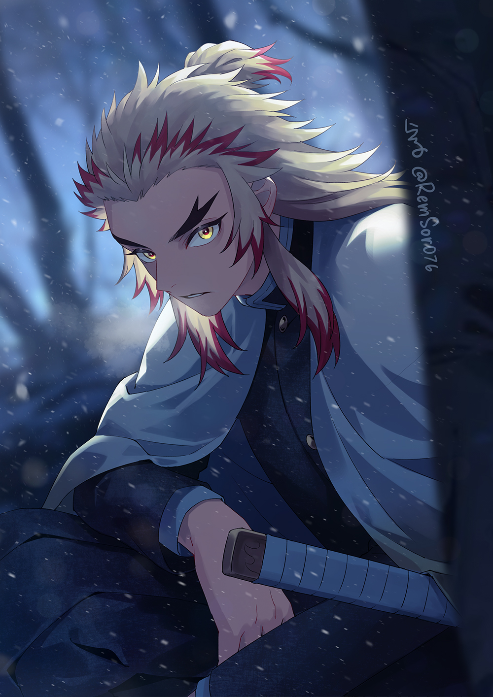 1boy black_jacket blonde_hair blurry blurry_background blurry_foreground demon_slayer_uniform forest highres jacket kimetsu_no_yaiba long_hair long_sleeves male_focus multicolored_hair nature outdoors parted_lips red_hair remsor076 rengoku_kyoujurou sidelocks snowing solo sword twitter_username two-tone_hair weapon yellow_eyes