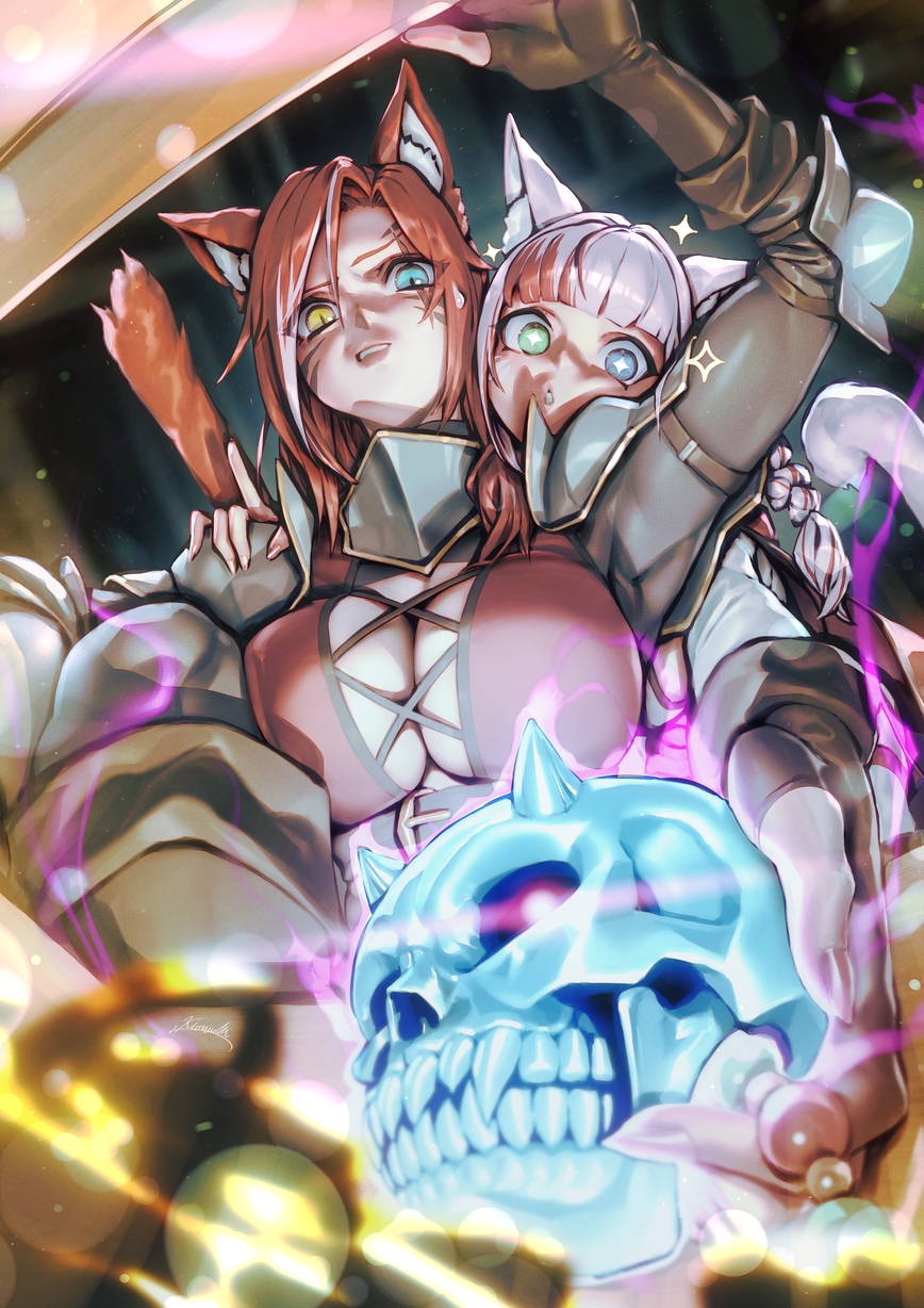2girls animal_ears blue_eyes breasts cat_ears cat_tail commission facial_mark final_fantasy final_fantasy_xiv fingerless_gloves gloves green_eyes heterochromia highres kionaoki large_breasts long_hair miqo'te multiple_girls pink_hair red_hair red_tail sabrith_ebonclaw scar scar_across_eye skull tail tayelle_ebonclaw warrior_of_light_(ff14) whisker_markings yellow_eyes
