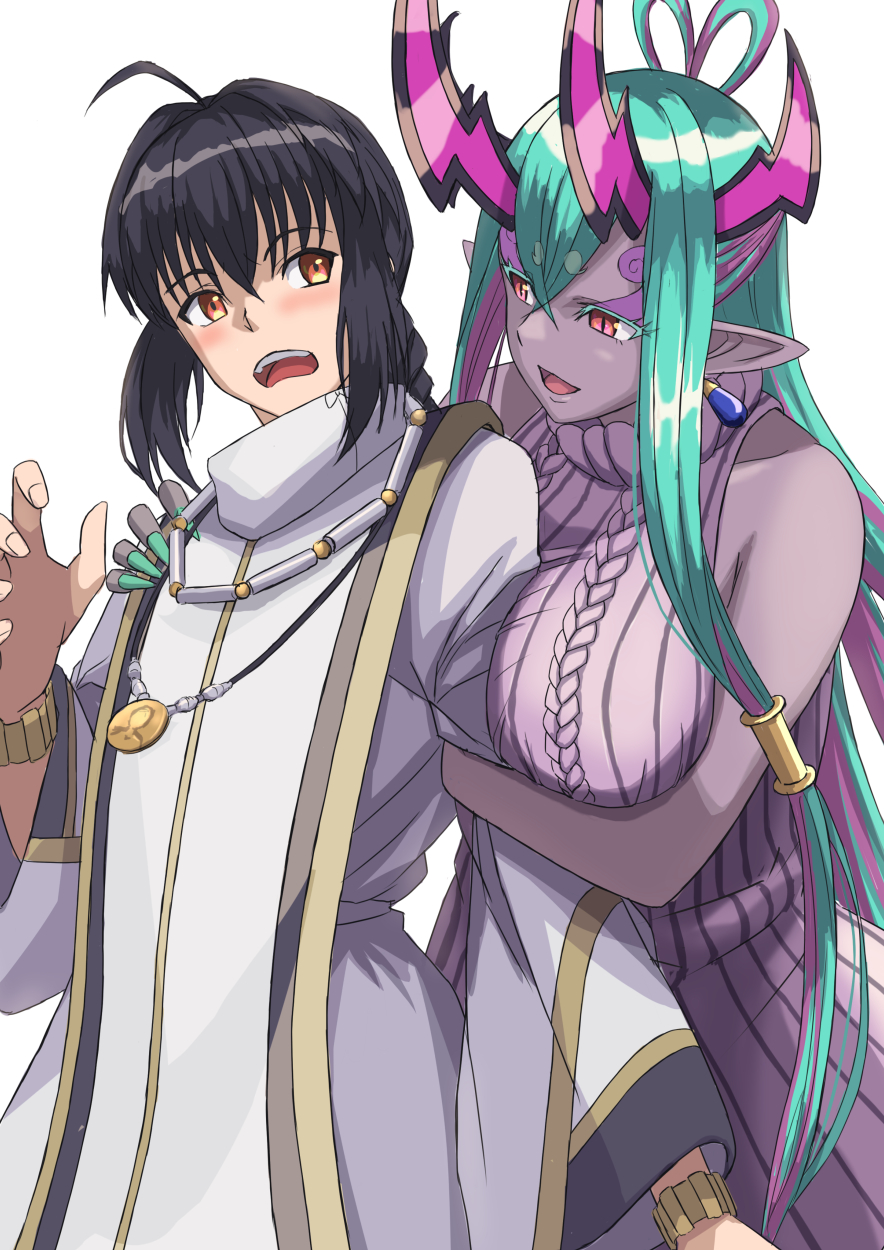 1girl 1other ahoge androgynous aqua_hair bare_shoulders black_hair braid braided_ponytail breasts brown_eyes colored_skin earrings eyeliner fate/grand_order fate/samurai_remnant fate_(series) grey_skin hair_between_eyes highres horns ibuki_douji_(fate) ibuki_douji_(second_ascension)_(fate) jewelry ksfactory large_breasts long_hair long_sleeves makeup multicolored_hair necklace oni oni_horns open_mouth pink_hair pointy_ears red_eyes ribbed_sweater shirt sidelocks sleeveless sleeveless_sweater sweater turtleneck turtleneck_sweater white_shirt wide_sleeves yamato_takeru_(fate)