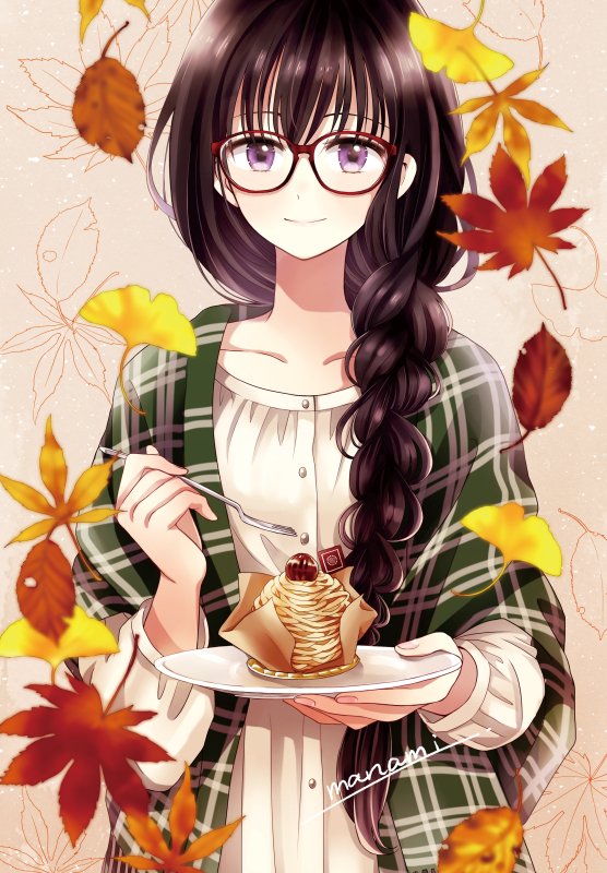 1girl artist_name autumn_leaves black_hair braid buttons closed_mouth collarbone commentary_request dress falling_leaves food food_request fork ginkgo_leaf glasses green_jacket himawari-san himawari-san_(character) holding holding_fork holding_plate jacket leaf leaf_background long_hair long_sleeves looking_at_viewer maple_leaf open_clothes open_jacket plaid plaid_jacket plate purple_eyes red-framed_eyewear signature single_braid smile solo straight-on sugano_manami upper_body white_dress