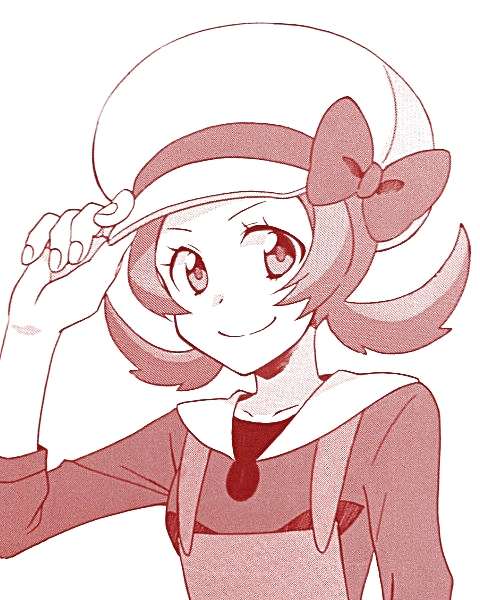 1girl bow cabbie_hat hand_on_headwear hat hat_bow kaori_kazuma looking_at_viewer lyra_(pokemon) overalls pokemon pokemon_hgss sepia simple_background smile solo split_mouth upper_body white_background