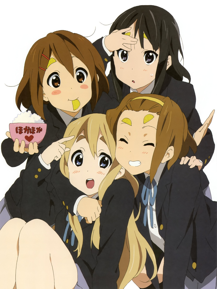 akiyama_mio artist_request black_hair blonde_hair blue_eyes blush blush_stickers bowl brown_eyes brown_hair closed_eyes eyebrows food grin hirasawa_yui k-on! knees kotobuki_tsumugi long_hair mouth_hold multiple_girls rice school_uniform sitting smile sweatdrop tainaka_ritsu takuan