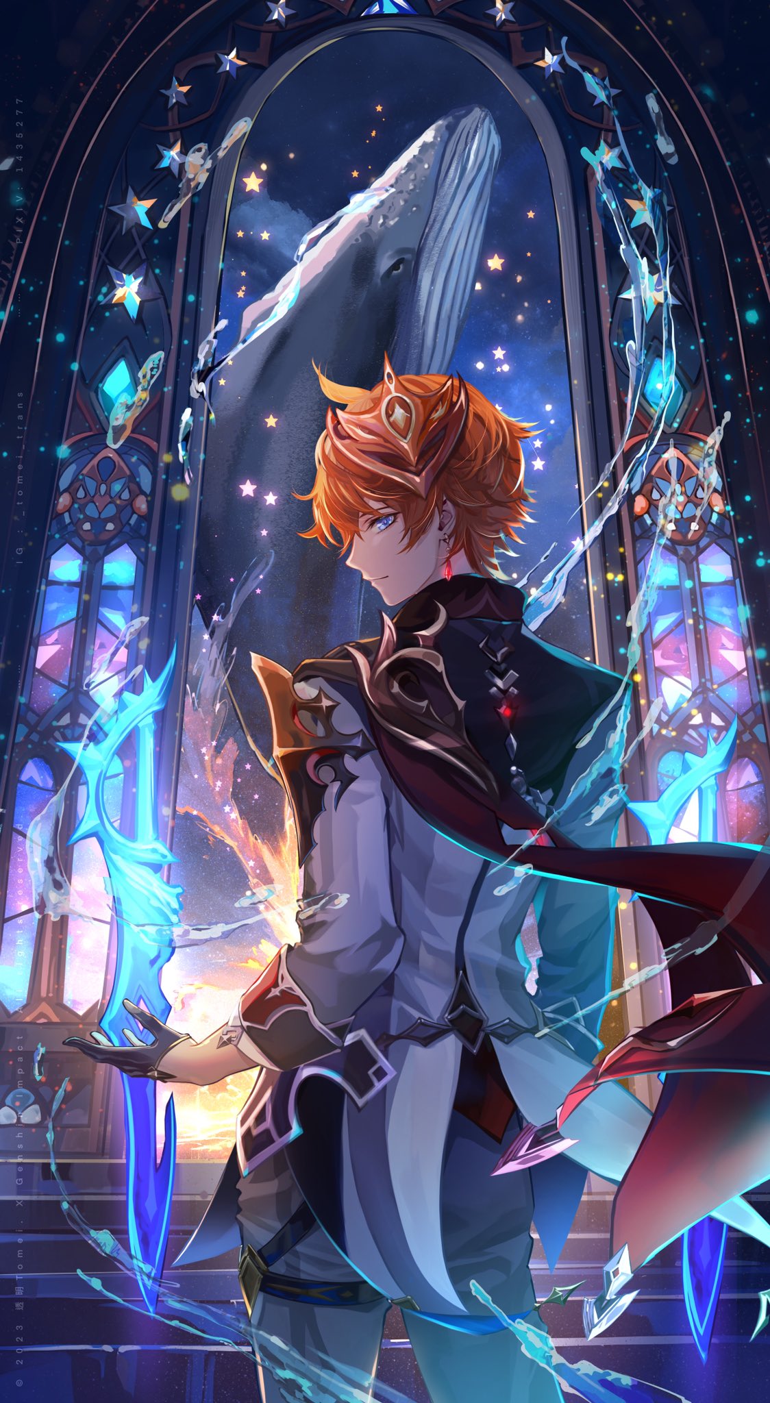 1boy black_gloves blue_eyes closed_mouth earrings from_side gem genshin_impact gloves grey_pants hair_between_eyes highres jacket jewelry looking_at_viewer looking_back male_focus orange_hair pants profile red_gemstone short_hair solo stained_glass standing tartaglia_(genshin_impact) touming_tomei whale white_jacket