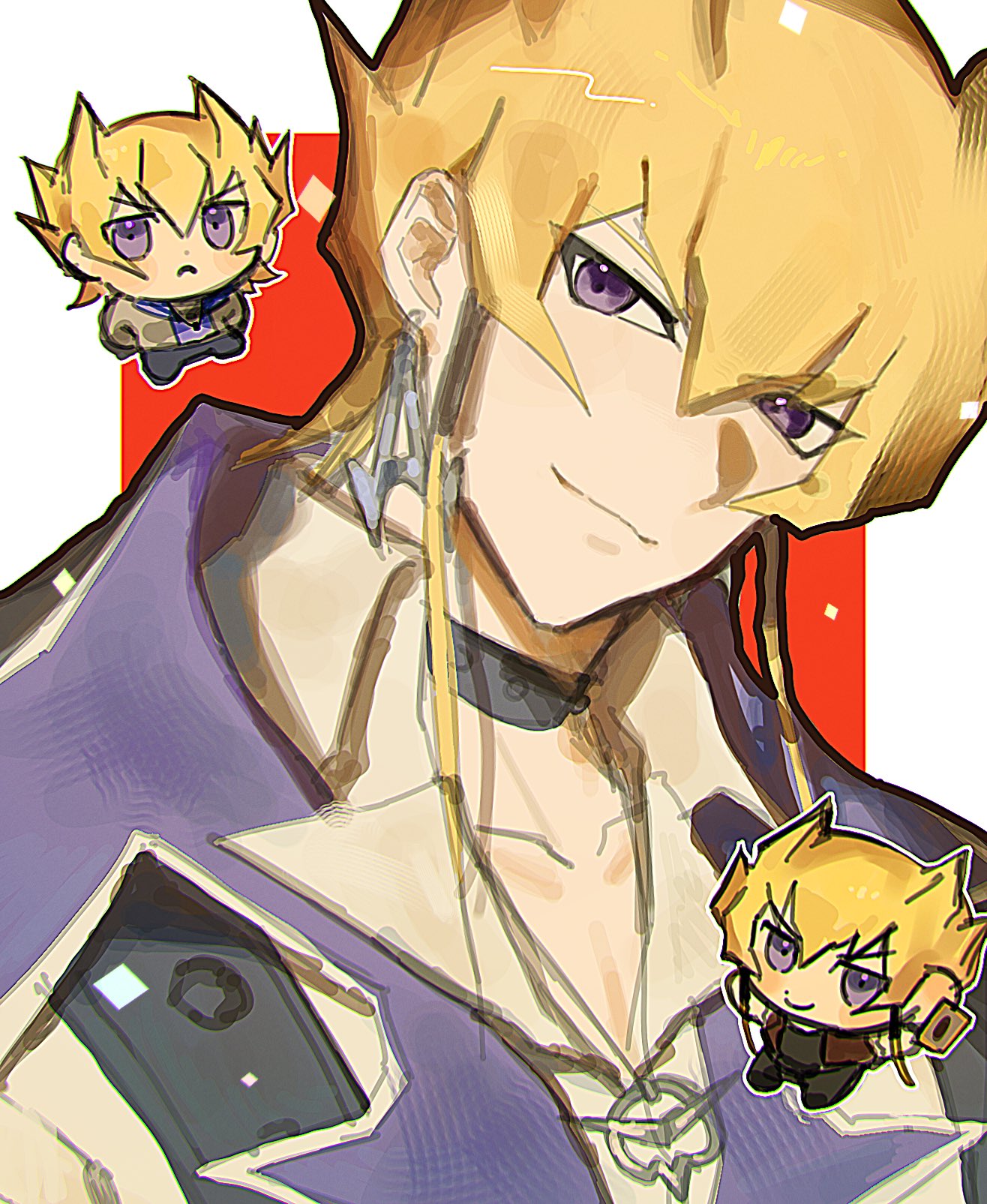 1boy alternate_costume arms_up black_choker black_pants black_shirt blonde_hair blue_shirt blush_stickers brown_vest card chibi chibi_inset choker coat collared_shirt commentary_request dangle_earrings earrings frown grey_jacket hands_on_own_hips happy high_collar highres holding holding_card jack_atlas jacket jewelry light_smile multiple_views necklace ooeasmp pants purple_eyes red_background serious shirt short_hair_with_long_locks sleeveless sleeveless_shirt smile spiked_hair studded_choker trading_card upper_body vest white_coat white_shirt yu-gi-oh! yu-gi-oh!_5d's