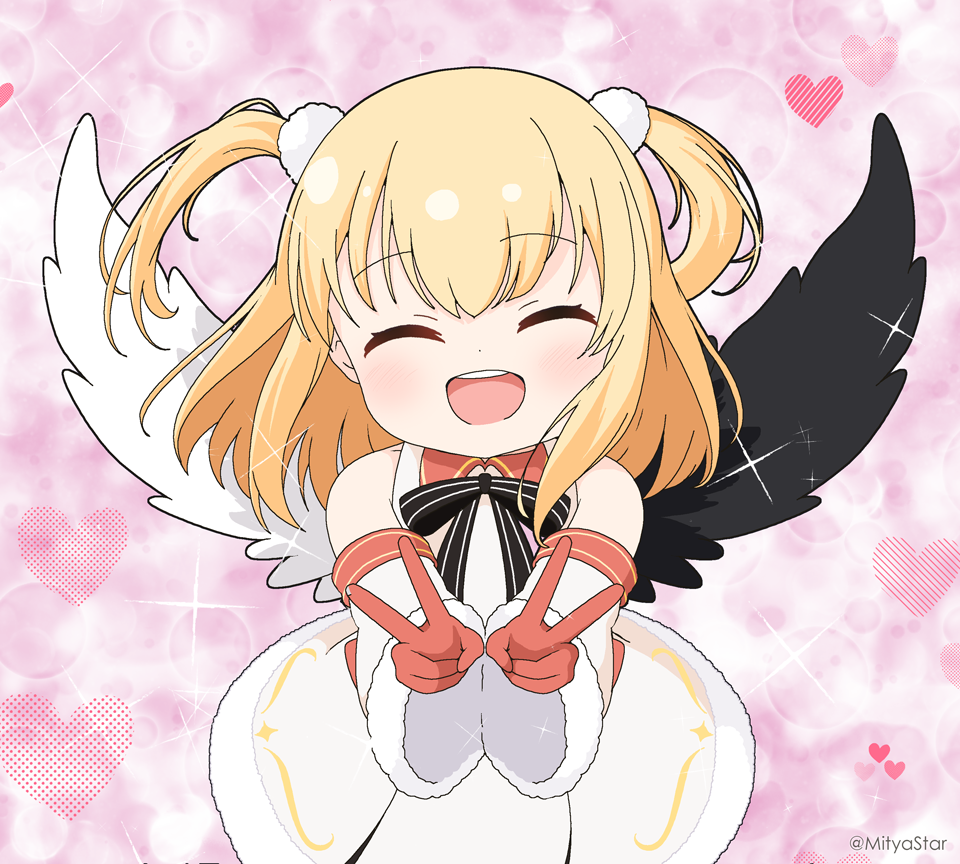 1girl :d ^_^ black_bow black_wings blonde_hair bow closed_eyes collared_dress commentary_request detached_sleeves double_v dress facing_viewer fur-trimmed_dress fur-trimmed_sleeves fur_trim gloves heart heart_background long_hair long_sleeves marl_(shironeko_project) mismatched_wings mitya red_gloves shironeko_project sleeveless sleeveless_dress smile solo striped striped_bow twitter_username two_side_up v white_dress white_sleeves white_wings wide_sleeves wings
