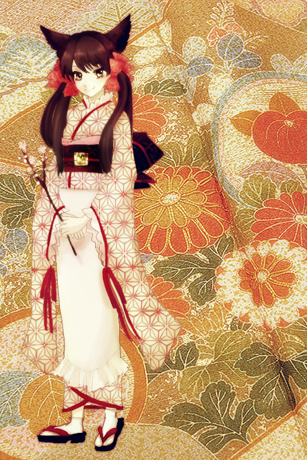 animal_ears asa_no_ha_(pattern) bow chrysanthemum floral_print flower hair_bow japanese_clothes katari kimono otome_youkai_zakuro pink_bow solo twintails zakuro_(otome_youkai_zakuro)