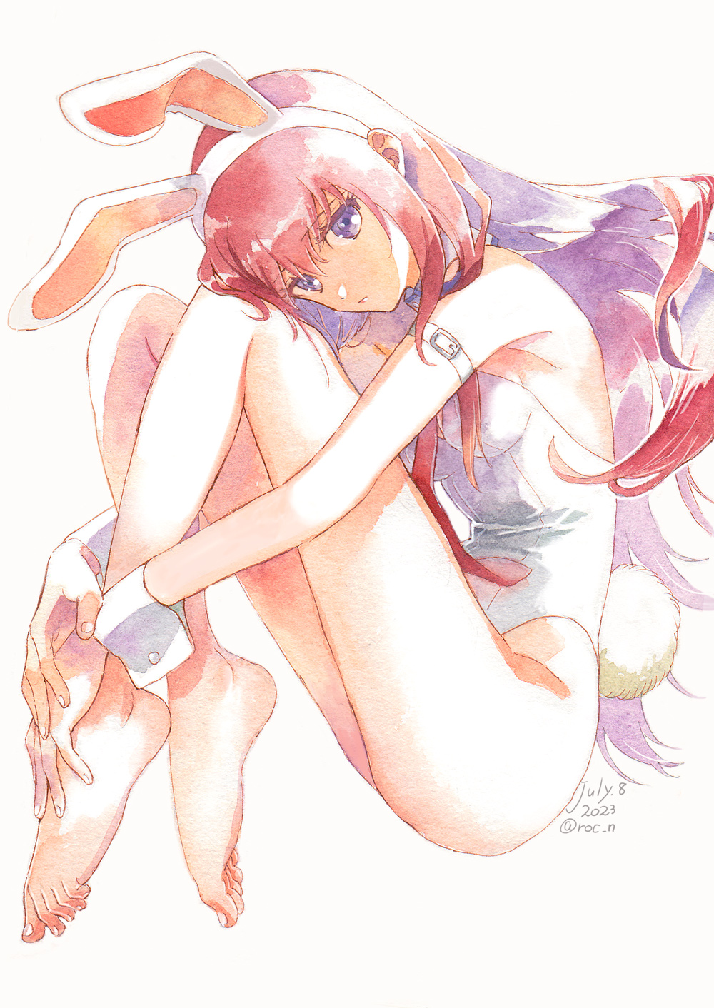 1girl 2023 animal_ears arm_strap bare_arms bare_legs barefoot breasts closed_mouth dated fake_animal_ears full_body hairband highres hugging_own_legs leotard long_hair makise_kurisu multicolored_hair playboy_bunny purple_eyes purple_hair rabbit_ears red_hair rocni sketch small_breasts solo steins;gate strapless strapless_leotard twitter_username very_long_hair white_background white_hairband white_leotard wrist_cuffs
