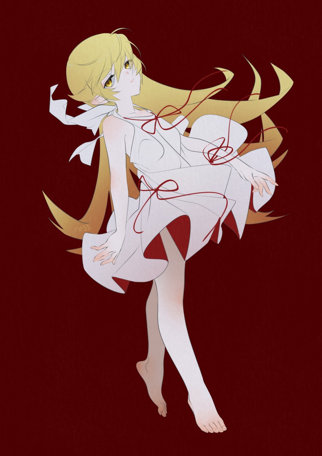 1girl bakemonogatari bare_legs bare_shoulders barefoot blonde_hair closed_mouth collarbone commentary_request dress expressionless feet flat_chest full_body gradient_hair hair_between_eyes highres legs long_hair looking_at_viewer monogatari_(series) multicolored_hair noguruma oshino_shinobu pointy_ears red_background red_ribbon ribbon short_dress sidelocks simple_background sleeveless sleeveless_dress solo tiptoes toenails toes white_dress yellow_eyes
