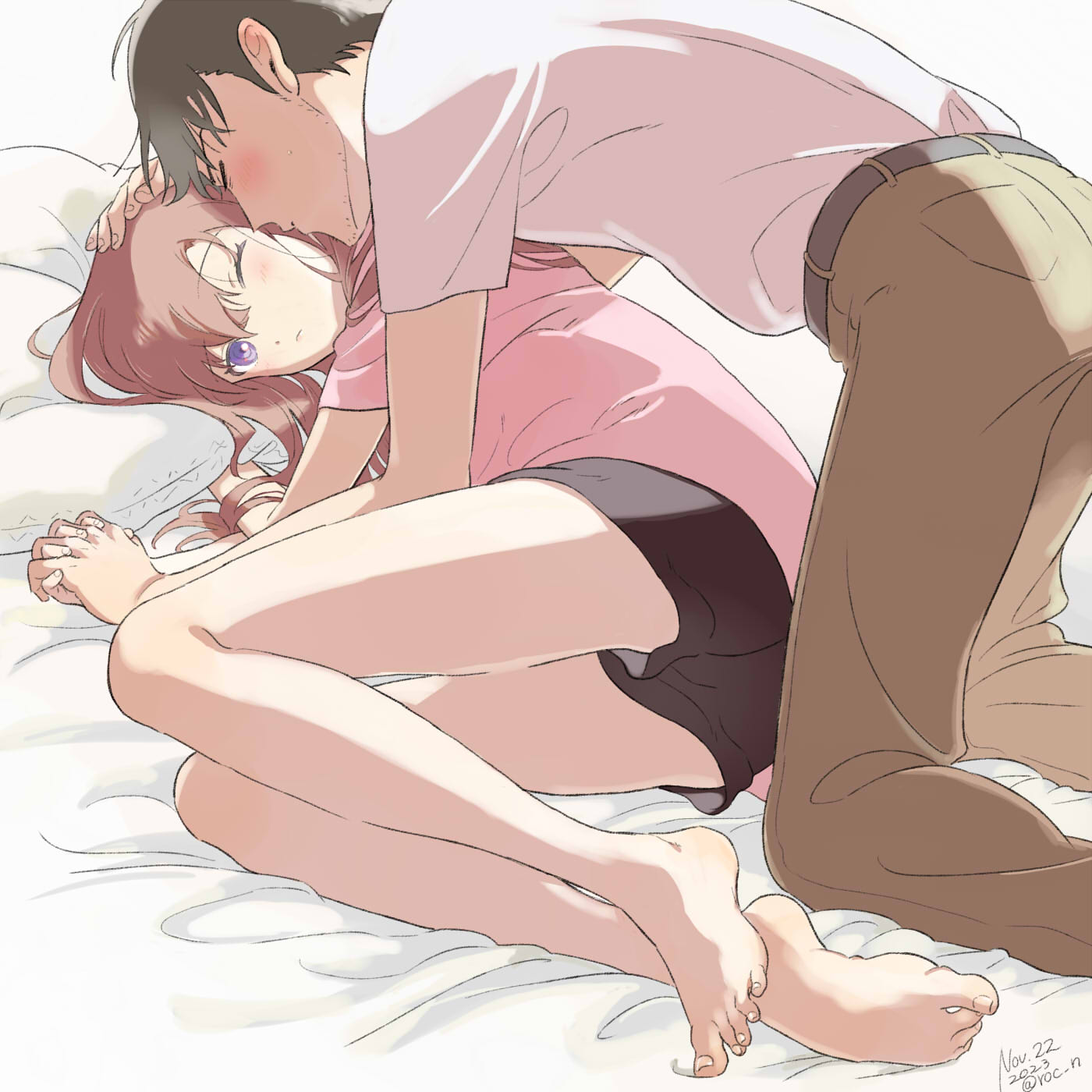 1boy 1girl 2023 all_fours bare_legs barefoot bed_sheet belt black_shorts brown_hair brown_pants closed_eyes closed_mouth couple dated fetal_position grey_belt hand_on_another's_head hetero highres holding_hands imminent_kiss interlocked_fingers long_hair lying makise_kurisu okabe_rintarou on_side one_eye_closed pants pillow pink_shirt purple_eyes rocni shirt short_hair short_shorts short_sleeves shorts steins;gate twitter_username white_shirt