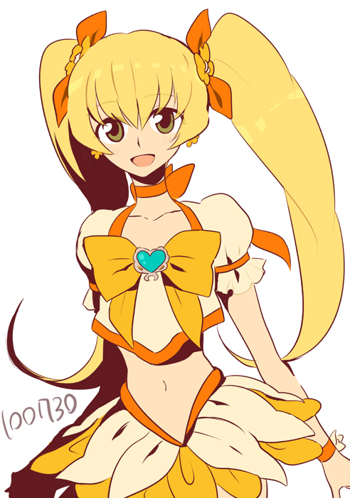 bad_id bad_pixiv_id banned_artist blonde_hair bow choker cure_sunshine dated hair_ribbon harano heart heartcatch_precure! long_hair magical_girl midriff myoudouin_itsuki navel orange_bow orange_choker precure ribbon skirt solo twintails white_background yellow yellow_bow yellow_eyes yellow_skirt