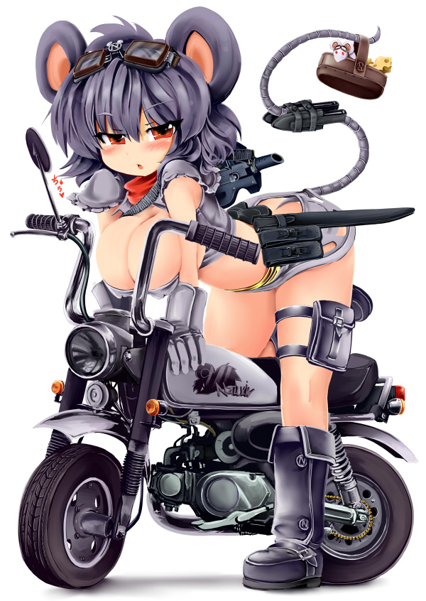 animal_ears blush boots breasts bullpup cleavage crop_top gloves goggles goggles_on_head ground_vehicle gun hanging_breasts large_breasts microskirt midriff minibike motor_vehicle motorcycle mouse nazrin okiraku_nikku on_motorcycle p90 red_eyes revealing_clothes sheath skirt solo submachine_gun tail touhou weapon