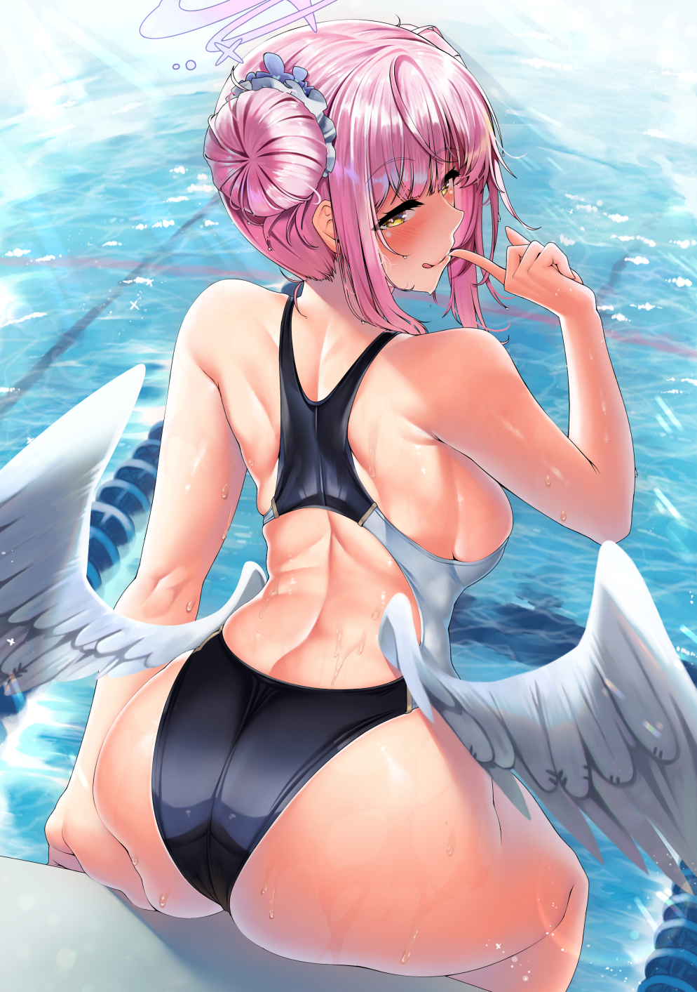 1girl angel_wings ass black_one-piece_swimsuit blue_archive blush breasts closed_mouth double_bun feathered_wings hair_bun halo highres kawai_(purplrpouni) large_breasts mika_(blue_archive) one-piece_swimsuit pink_hair pink_halo pool short_hair sitting smile solo swimsuit tongue tongue_out water white_wings wings yellow_eyes