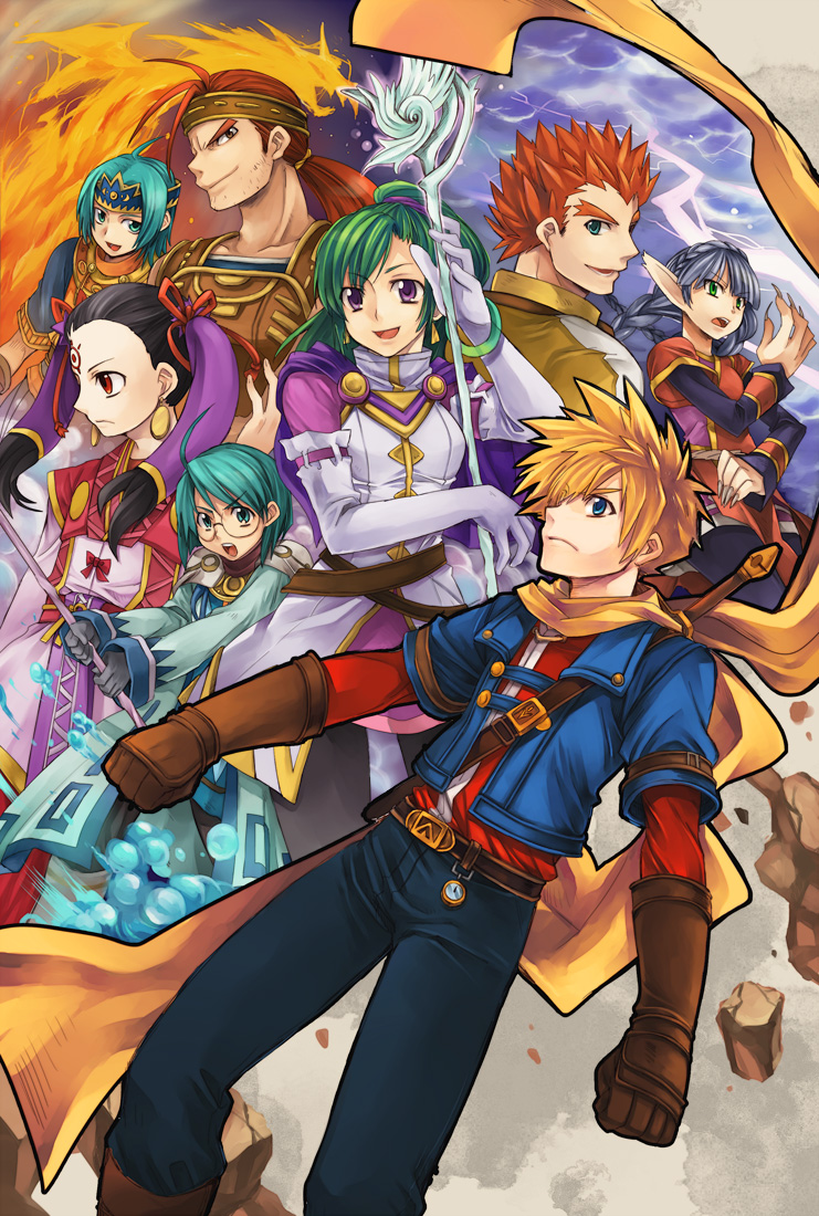 5boys bad_id bad_pixiv_id belt black_hair blonde_hair blue_eyes blue_hair braid brown_eyes bubble cape claws crown_(golden_sun) facial_hair fire glasses gloves golden_sun golden_sun:_dark_dawn green_eyes green_hair harumani_(golden_sun) himi_(golden_sun) karis_(golden_sun) leoleo_(golden_sun) lightning multiple_boys multiple_girls muuto_(golden_sun) pantyhose ponytail purple_eyes red_eyes red_hair robe scarf spiked_hair staff stella_(golden_sun) stubble sword terry_(golden_sun) touge78 twin_braids twintails weapon