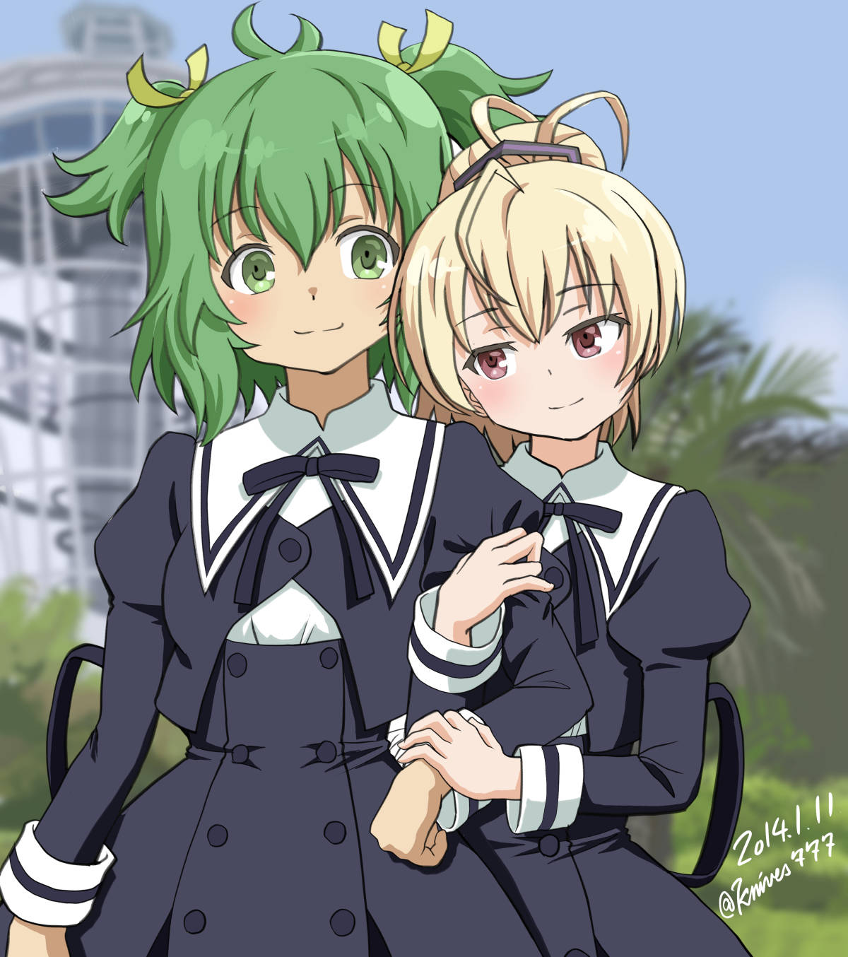 2girls andou_tazusa antenna_hair arm_at_side arm_hug assault_lily black_ribbon black_skirt blonde_hair blue_sky blurry blurry_background blush building buttons closed_mouth commentary_request cowboy_shot cropped_jacket dated day green_eyes green_hair hair_between_eyes hair_ribbon hand_up high-waist_skirt high_ponytail highres juliet_sleeves knives_(knives777) long_sleeves looking_at_another looking_to_the_side multiple_girls neck_ribbon outdoors ponytail puffy_sleeves red_eyes ribbon school_uniform shirt short_hair sideways_glance skirt sky smile standing striped striped_ribbon tree twitter_username two_side_up white_shirt yellow_ribbon yoshimura_thi_mai yuri yurigaoka_girls_academy_school_uniform