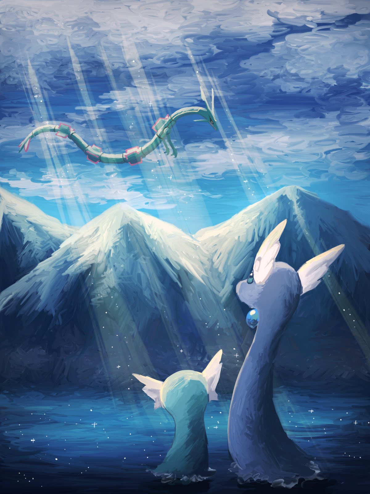 7_phi_3 animal_focus black_sclera blue_eyes blue_skin blue_sky claws cloud colored_sclera colored_skin commentary_request dragonair dratini evolutionary_line head_wings highres joints mountain no_humans pokemon pokemon_(creature) rayquaza sky snake sunlight tail water wings yellow_eyes