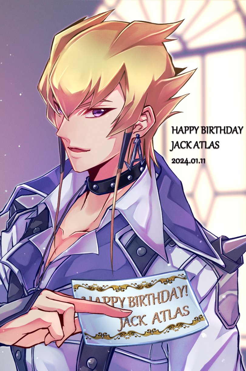 1boy black_choker blonde_hair character_name choker coat collared_coat collared_shirt commentary_request dangle_earrings dated earrings english_text hand_up happy_birthday highres holding holding_paper indoors jack_atlas jewelry light_particles looking_to_the_side male_focus open_mouth paper partially_unbuttoned purple_eyes shirt short_hair_with_long_locks shoulder_spikes smile solo spiked_hair spikes studded_choker upper_body white_coat white_shirt window y_mykt_y yu-gi-oh! yu-gi-oh!_5d's