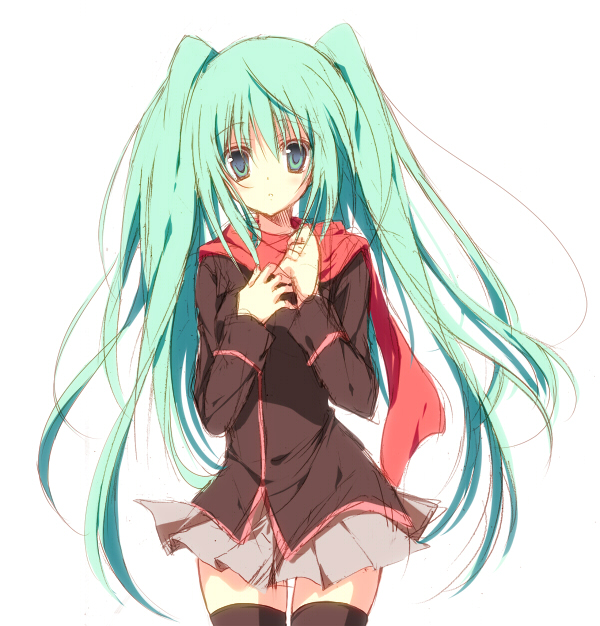 asakura_hayate green_eyes green_hair hatsune_miku long_hair red_scarf scarf simple_background skirt solo thighhighs twintails vocaloid