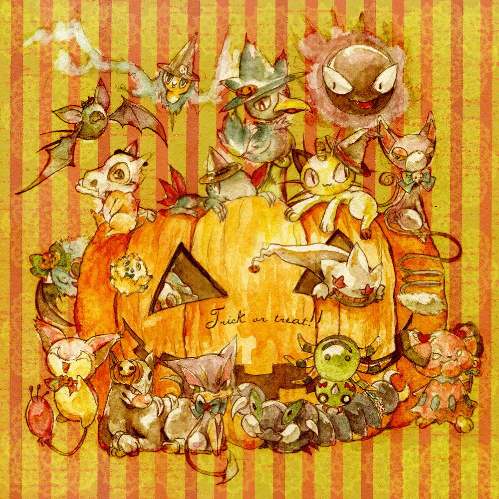 bad_pixiv_id banette bat bone bug cat costume cubone duskull gastly gen_1_pokemon gen_2_pokemon gen_3_pokemon gen_4_pokemon gen_5_pokemon ghost glameow halloween hat holding holding_bone houndour jack-o'-lantern joltik meowth murkrow nazo_(mystery) no_humans orange_(color) orange_background pencil pokemon pokemon_(creature) pumpkin purrloin rotom skitty skorupi skull sneasel snubbull spinarak traditional_media trick_or_treat watercolor_(medium) woobat zubat