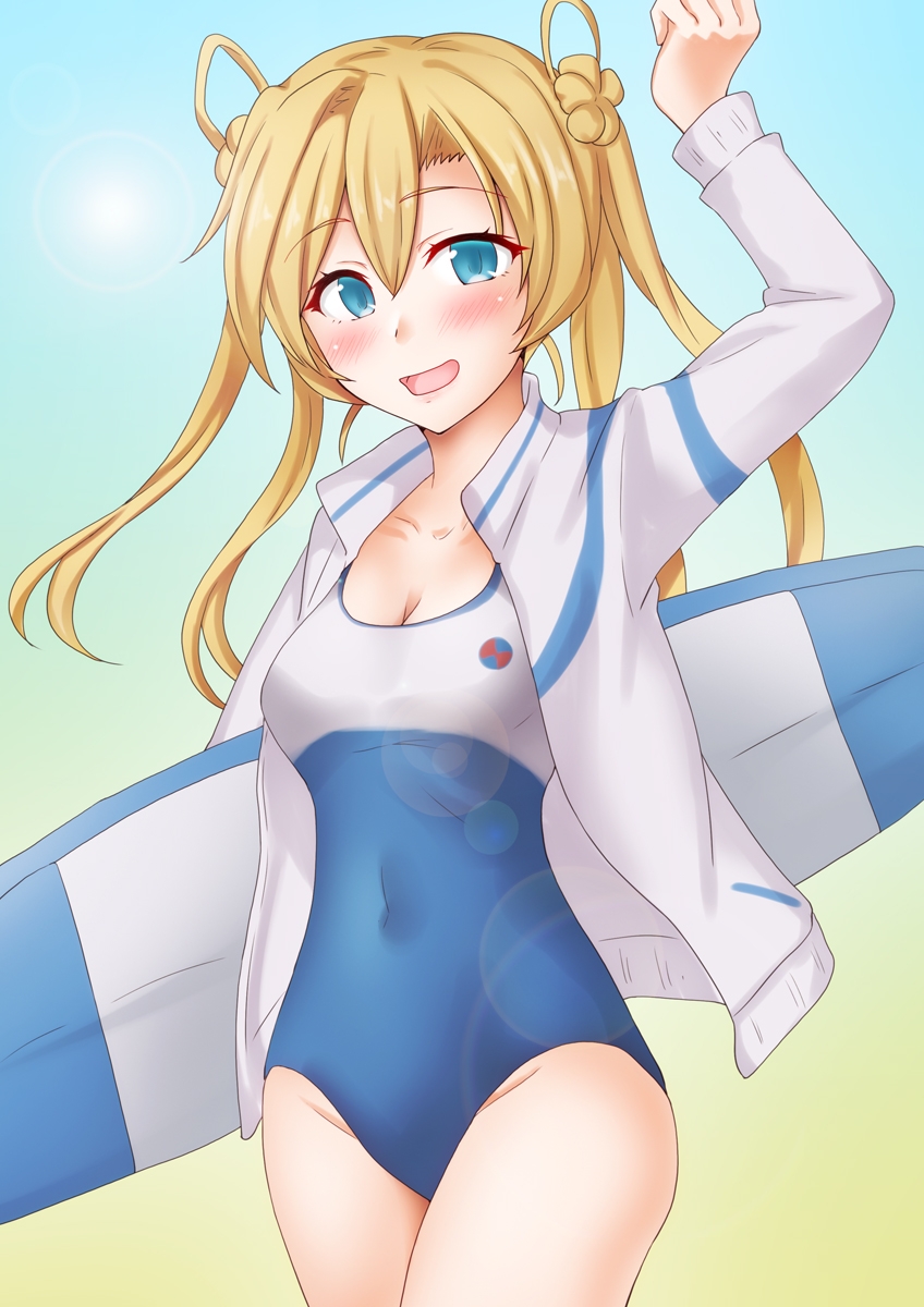 1girl abukuma_(kancolle) anti_(untea9) blonde_hair blue_eyes blue_one-piece_swimsuit blush breasts cleavage competition_swimsuit gradient_background hair_between_eyes hair_bun hair_rings high_school_fleet highres holding holding_surfboard jacket kantai_collection long_hair long_sleeves looking_at_viewer multicolored_clothes multicolored_swimsuit one-piece_swimsuit open_mouth small_breasts smile solo surfboard swimsuit twintails two-tone_swimsuit white_jacket white_one-piece_swimsuit yellow_background