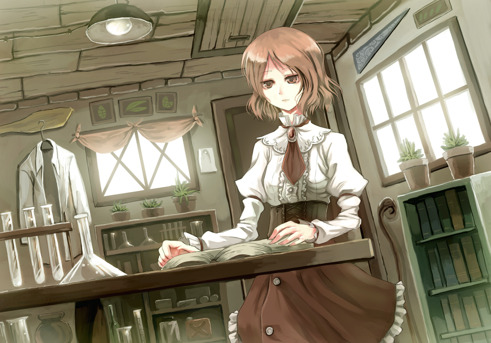 bad_id bad_pixiv_id banned_artist bob_cut book brown_eyes brown_hair corset dress dutch_angle erlenmeyer_flask flask gas_can graduated_cylinder labcoat laboratory original paseri plant reading short_hair sitting solo staff test_tube window