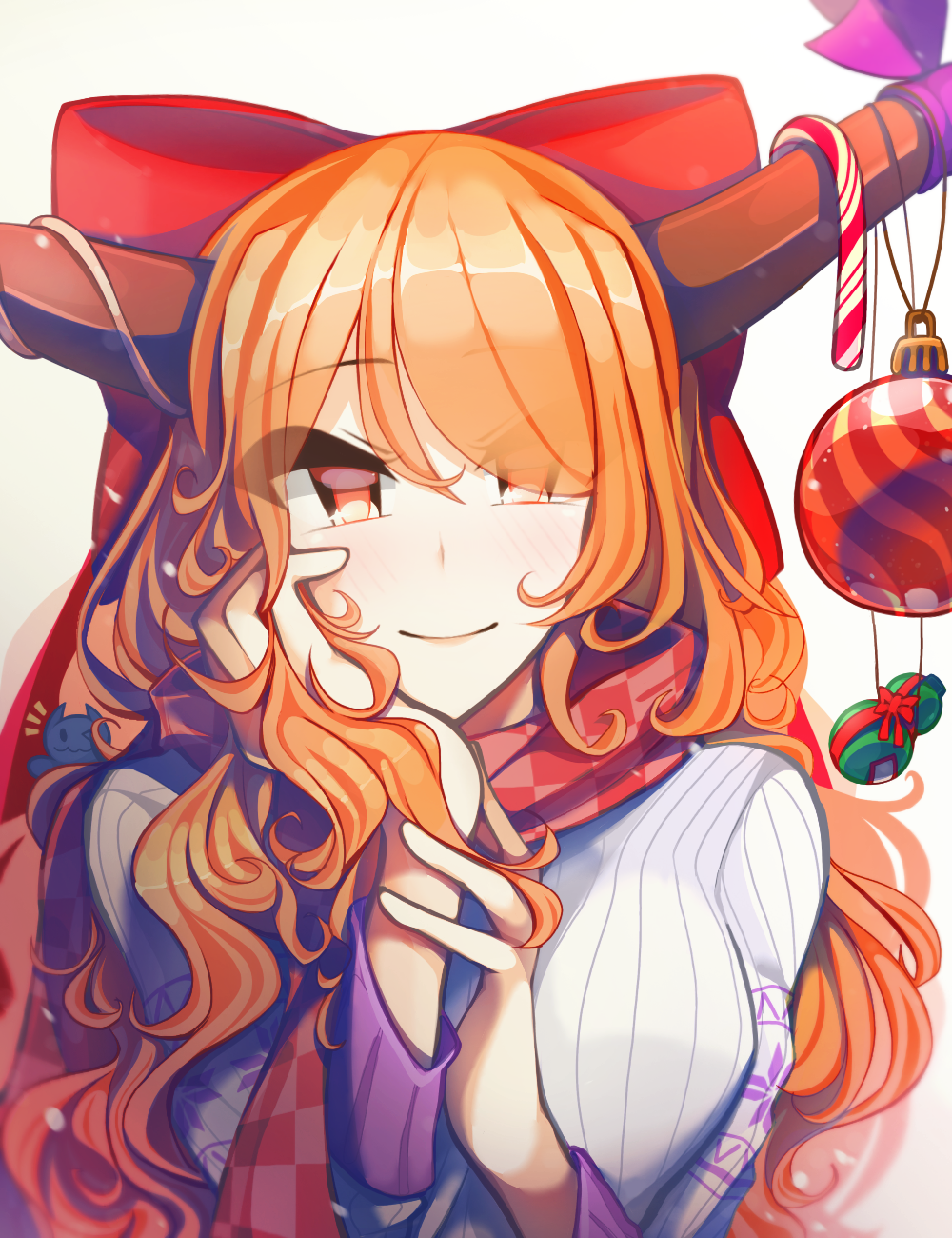 1girl alternate_breast_size bow breasts candy candy_cane christmas christmas_ornaments food gourd hair_bow hand_on_own_cheek hand_on_own_face highres horn_ornament horn_ribbon horns ibuki_suika kaliningradg large_breasts long_hair orange_hair red_eyes ribbon smile solo sweater touhou wavy_hair white_background