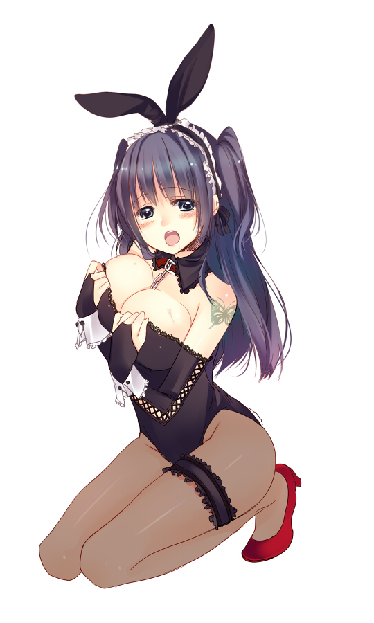animal_ears bad_id bad_pixiv_id black_hair bug bunny_ears bunnysuit butterfly chain fingerless_gloves gloves green_eyes insect itou_nanami kneeling long_hair original pantyhose solo twintails