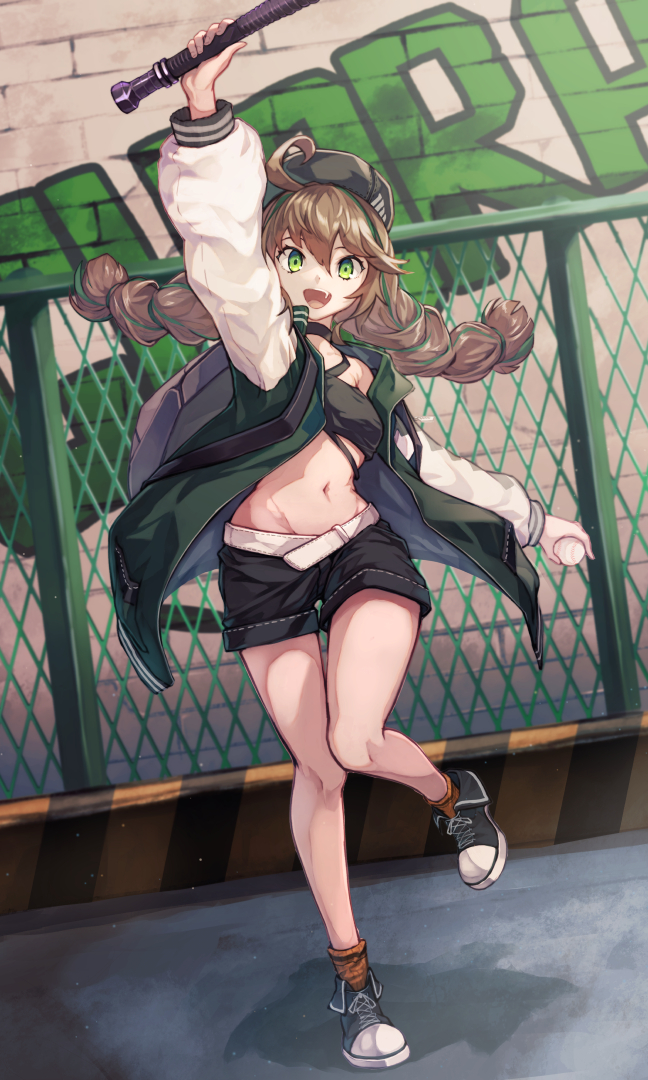 1girl ahoge arknights ball baseball baseball_bat black_headwear brick_wall brown_hair commentary_request cuora_(arknights) fence green_eyes green_hair green_jacket hair_between_eyes hat holding holding_ball holding_baseball_bat jacket long_hair long_sleeves midriff multicolored_hair navel online_neet open_clothes open_jacket open_mouth partial_commentary shirt smile streaked_hair