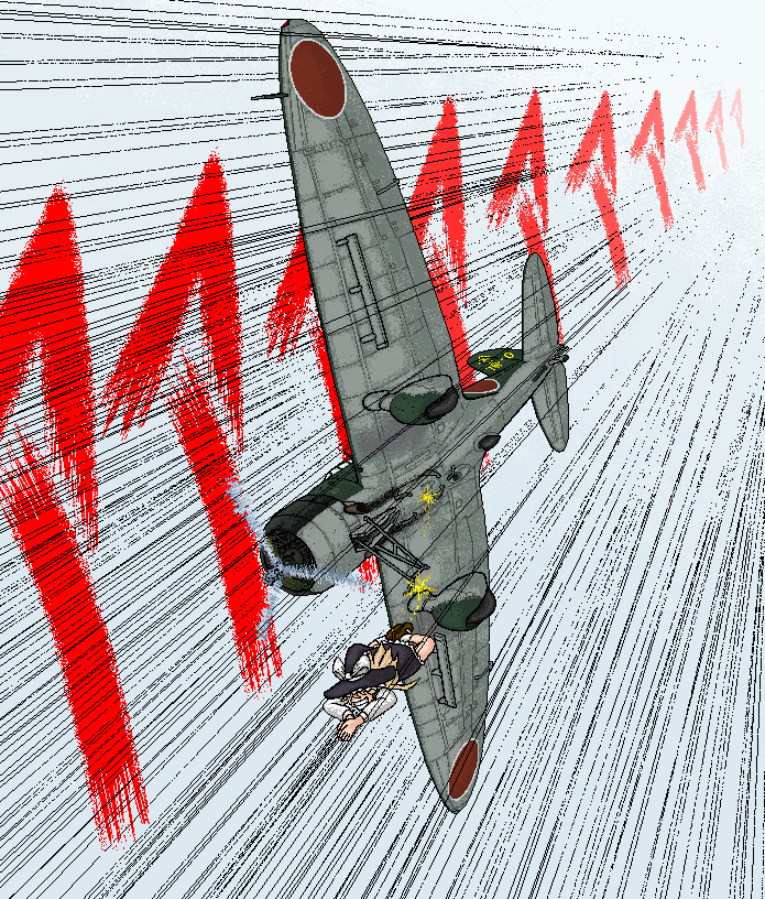 aircraft airplane bomb bomber commentary d3a dithering dive grin hidariyori imperial_japanese_navy kirisame_marisa lupin_dive military military_vehicle oldschool smile speed_lines touhou