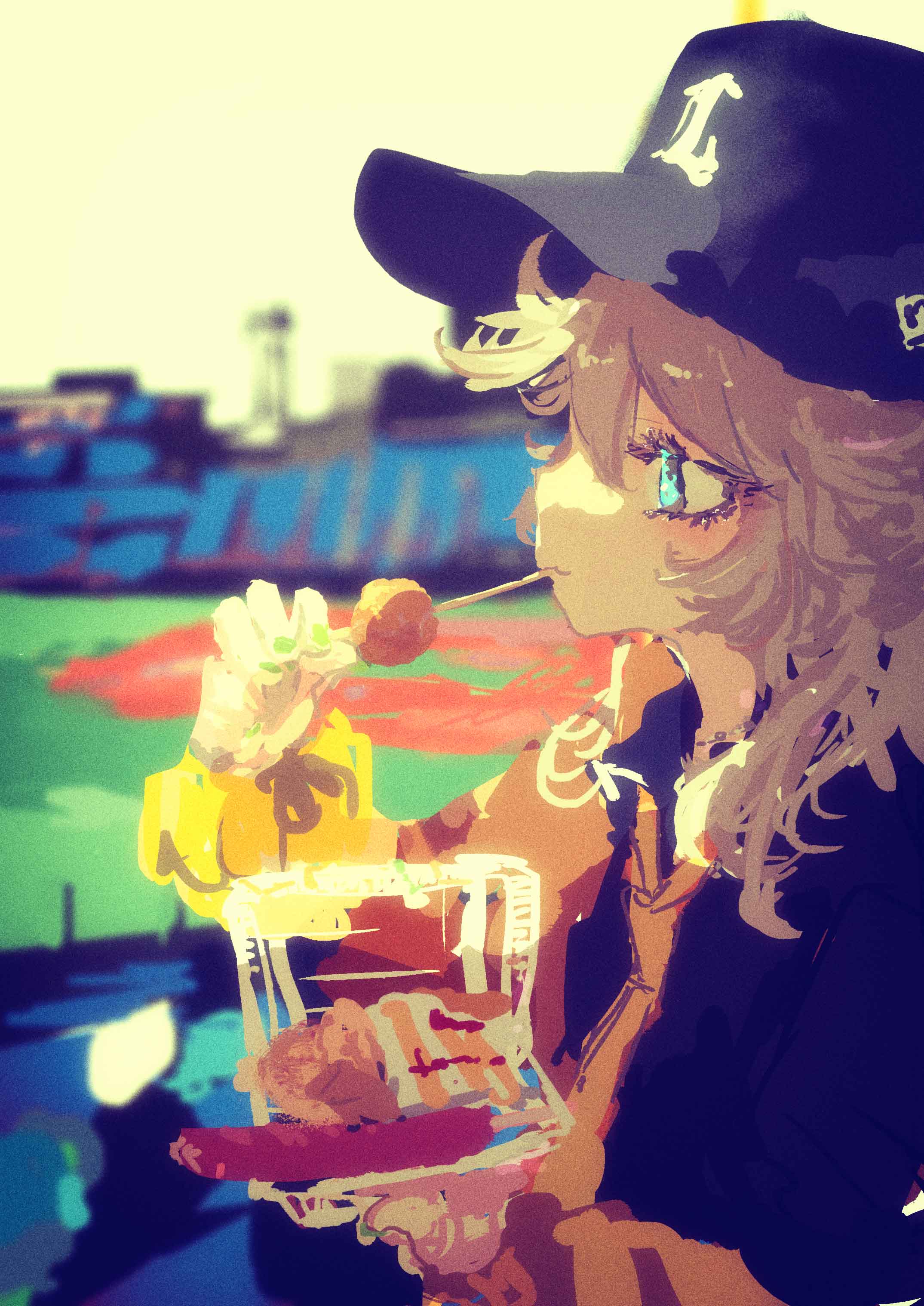 1girl absurdres baseball_cap baseball_stadium black_shirt blue_eyes blurry blurry_background blush box brown_hair cardigan commentary_request day eating food_request from_side green_nails hand_up hat highres holding holding_box kabuyama_kaigi kasukabe_tsumugi long_hair long_sleeves necktie nippon_professional_baseball off_shoulder open_cardigan open_clothes outdoors saitama_seibu_lions scrunchie shirt skewer solo upper_body voicevox wrist_scrunchie yellow_cardigan yellow_necktie