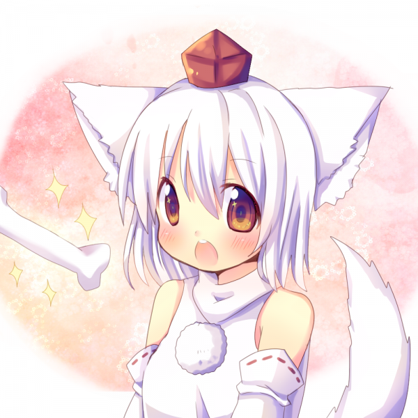 animal_ears bad_id bad_pixiv_id bare_shoulders blush bone chocolat_(momoiro_piano) detached_sleeves hat inubashiri_momiji open_mouth red_eyes short_hair silver_hair solo sparkle tail tokin_hat touhou wolf_ears wolf_tail