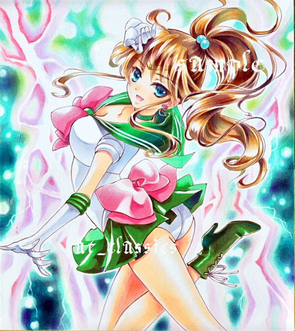 ass at_classics back_bow bishoujo_senshi_sailor_moon blue_eyes boots bow breasts brown_hair choker cleavage cross-laced_footwear earrings elbow_gloves gloves green_choker green_footwear green_sailor_collar green_skirt hair_bobbles hair_ornament jewelry kino_makoto large_breasts long_hair looking_back magical_girl marker_(medium) pink_bow ponytail sailor_collar sailor_jupiter sailor_senshi_uniform sample skirt solo traditional_media white_gloves