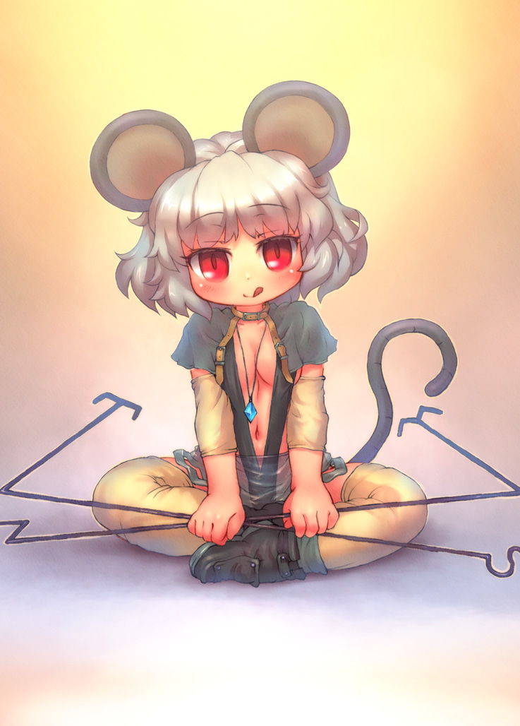 :q animal_ears borrowed_design breasts capelet cleavage dowsing_rod grey_hair jewelry mouse_ears mouse_tail nazrin pendant red_eyes sankuma see-through short_hair small_breasts solo tail thighhighs tongue tongue_out touhou