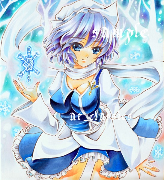 at_classics blue_eyes blue_hair dress frilled_dress frills hat letty_whiterock marker_(medium) sample short_hair snowflakes solo touhou traditional_media