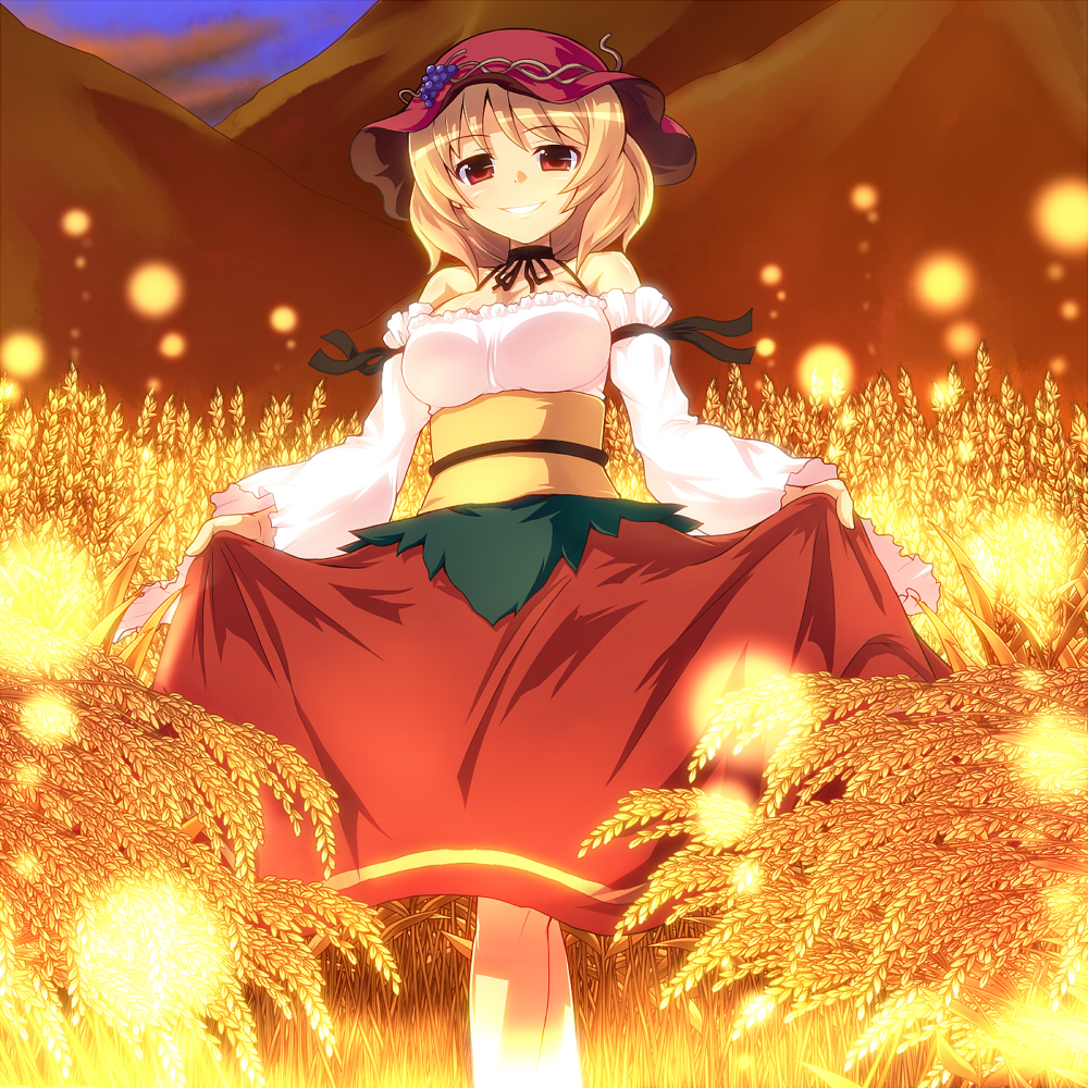 aki_minoriko alternate_costume bare_shoulders blonde_hair breasts choker cleavage crossed_legs curtsey detached_sleeves dress grin hat looking_at_viewer medium_breasts mountain red_eyes saemon_(tonpura) skirt skirt_hold smile solo sunset touhou watson_cross wheat