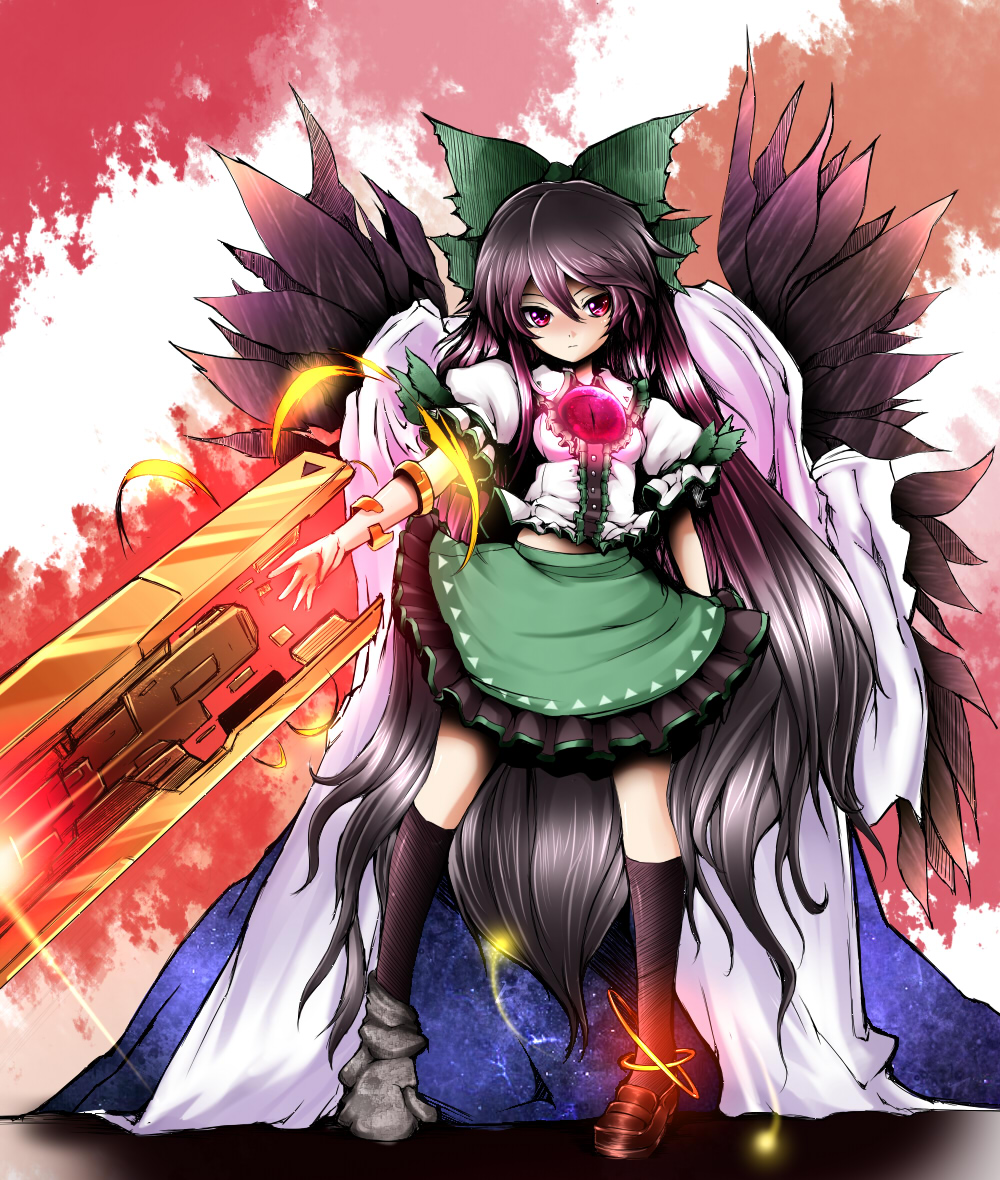 alternate_weapon arm_cannon asymmetrical_clothes bow colorized green_bow hair_bow long_hair mismatched_footwear reiuji_utsuho shimo_(depthbomb) shishigami_(sunagimo) solo touhou very_long_hair weapon wings