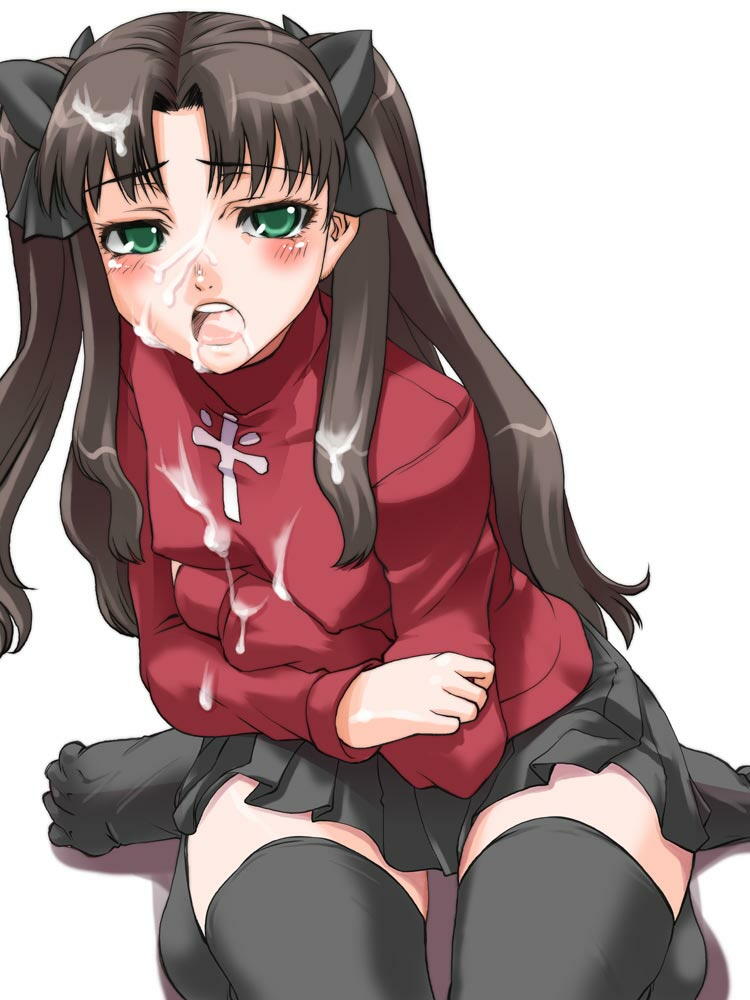 black_hair black_legwear black_skirt crossed_arms cum cum_on_clothes cum_on_hair facial fate/stay_night fate_(series) green_eyes long_sleeves looking_at_viewer miniskirt open_mouth pleated_skirt shinama simple_background sitting skirt solo thighhighs toosaka_rin turtleneck two_side_up upper_teeth wariza white_background zettai_ryouiki
