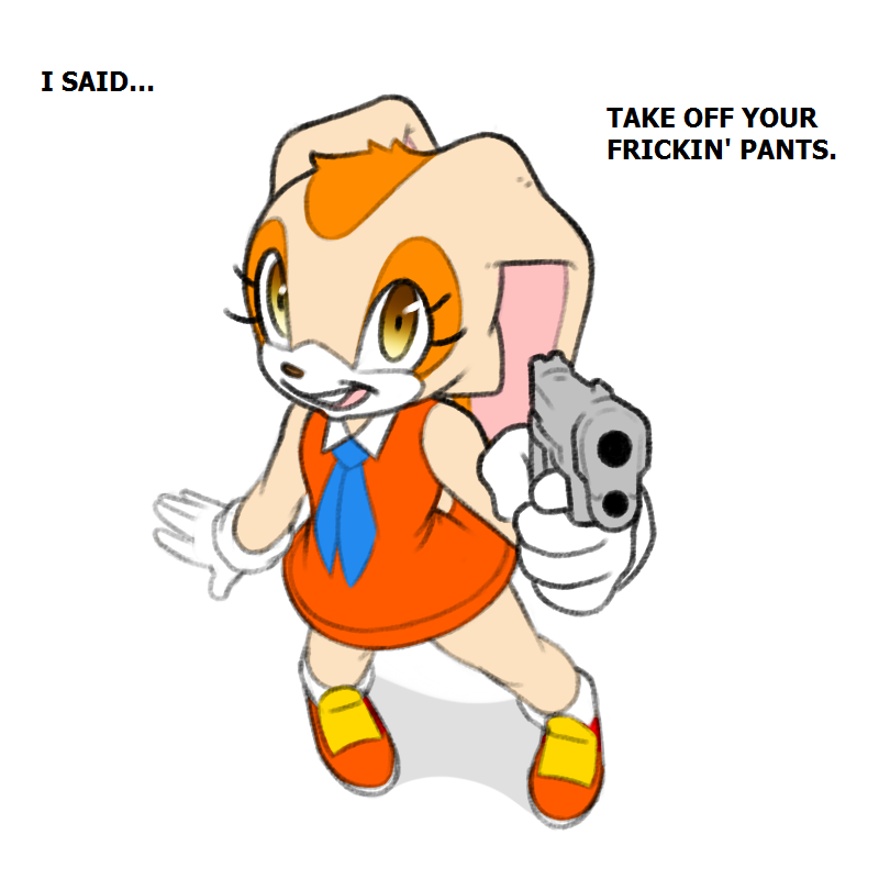 1:1 anthro biped clothed clothing cream_the_rabbit dialogue digital_media_(artwork) english_text female fur gun hair handgun holding_object holding_weapon lagomorph leporid looking_at_viewer mammal pistol rabbit ranged_weapon sega simple_background smile solo sonic_the_hedgehog_(series) standing text tongue video_games weapon white_background xylas young