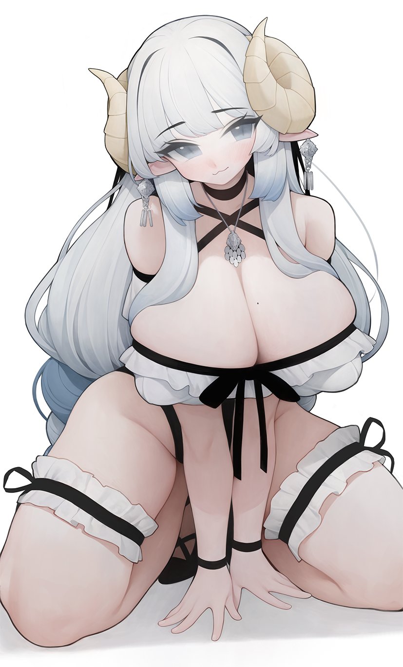 1girl :3 arm_support bangs black_choker blush breast_squeeze breasts choker cleavage commentary curled_horns dated_commentary earrings eyebrows_visible_through_hair frills grey_eyes hair_intakes highleg highleg_leotard highres horns huge_breasts jewelry kneeling leaning_forward leotard long_hair looking_at_viewer mole mole_on_breast necklace original pointy_ears rabbit_(wlsdnjs950) sidelocks simple_background slit_pupils solo thick_thighs thigh_strap thighs v_arms very_long_hair white_background white_hair
