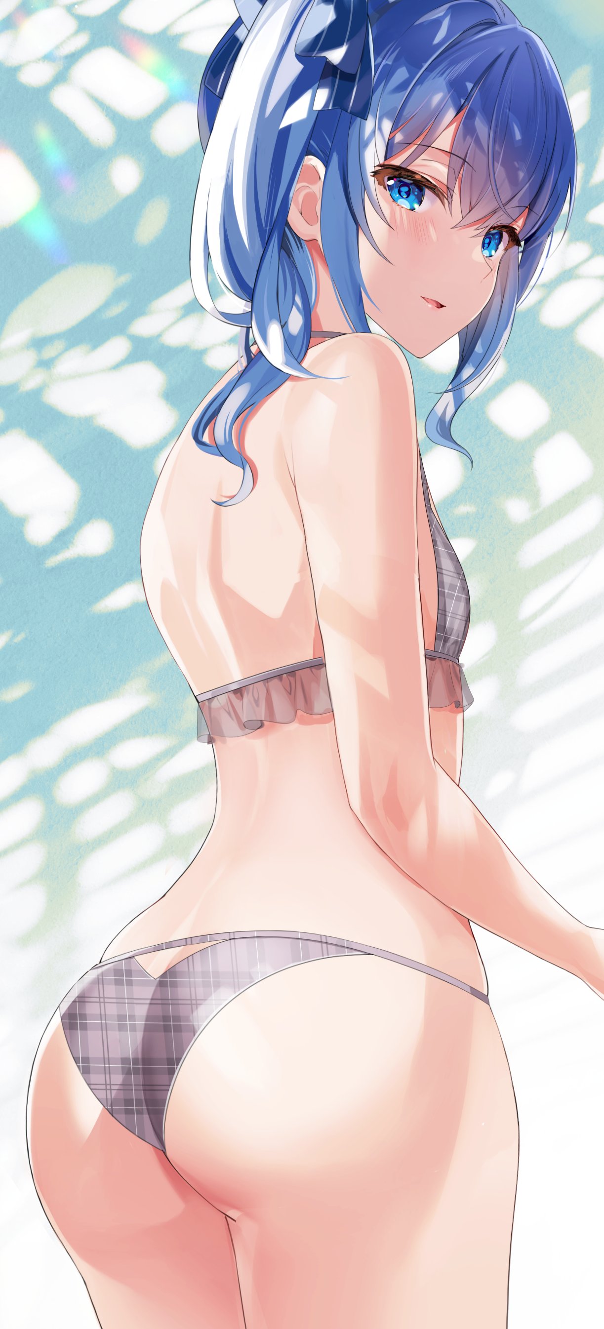 1girl absurdres ass back bangs bare_arms bare_shoulders bikini blue_eyes blue_hair blue_ribbon blush breasts cowboy_shot eyebrows_visible_through_hair frilled_bikini frills from_behind hair_ribbon highres hololive hoshimachi_suisei long_hair looking_at_viewer looking_back motsunuki parted_lips plaid plaid_bikini ribbon side_ponytail sidelocks small_breasts solo standing swimsuit