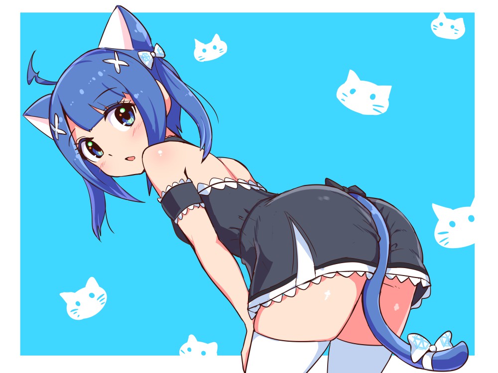 1girl ahoge animal_ears animal_print armband bangs beatus_creation black_dress blue_background border bow cat_ears cat_girl cat_print cat_tail commentary cougar_(cougar1404) cowboy_shot dress eyebrows_visible_through_hair from_behind halterneck hands_on_own_thighs leaning_forward looking_at_viewer looking_back outside_border short_dress short_hair sidelocks solo standing symbol-only_commentary tail tail_bow tail_ornament thighhighs toni_(beatus_creation) twintails white_border white_bow white_legwear