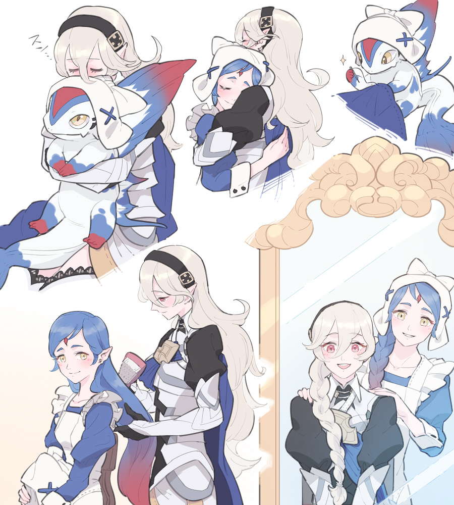 2girls alternate_hairstyle apron armor armored_dress bangs black_hairband blue_cape blue_dress blue_hair blush braid brushing_another's_hair cape chair closed_eyes closed_mouth corrin_(fire_emblem) corrin_(fire_emblem)_(female) creature d0o00o0b dragon dragon_girl dress eyebrows_visible_through_hair fire_emblem fire_emblem_fates forehead_jewel gradient_hair hair_brush hair_brushing hairband hat holding holding_hair_brush holding_needle hug hug_from_behind juliet_sleeves lilith_(fire_emblem) long_hair long_sleeves looking_at_another looking_at_viewer mirror multicolored_hair multiple_girls multiple_views needle open_mouth pointy_ears puffy_sleeves red_eyes red_hair reflection sewing sewing_needle siblings single_braid sisters sitting slit_pupils smile two-tone_hair wavy_hair white_apron white_background white_hair white_headwear yellow_eyes