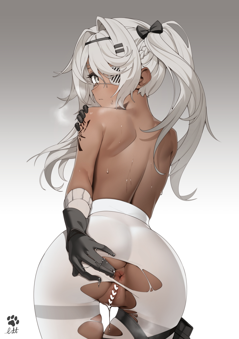 1girl anus arm_tattoo artist_name ass back bangs black_gloves censored clothes_lift cowboy_shot dark-skinned_female dark_skin ett eyepatch from_behind girls'_frontline gloves gradient gradient_background hair_between_eyes hair_ornament hairpin heart heart_censor high-waist_pantyhose hs.50_(girls'_frontline) long_hair looking_at_viewer looking_back median_furrow pantyhose pussy pussy_juice pussy_juice_trail shirt_lift shoulder_blades signature simple_background solo spread_anus spread_ass sweat tattoo thigh_gap thighband_pantyhose thighs torn_clothes torn_legwear twintails underwear white_eyes white_hair white_legwear