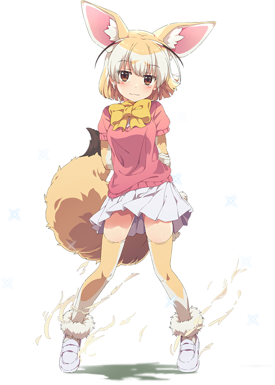 1girl animal_costume animal_ear_fluff animal_ears blonde_hair closed_mouth fennec_(kemono_friends) game_cg kemono_friends kemono_friends_kingdom neck_ribbon official_art ribbon shirt shoes short_hair simple_background skirt solo standing tachi-e tail white_background