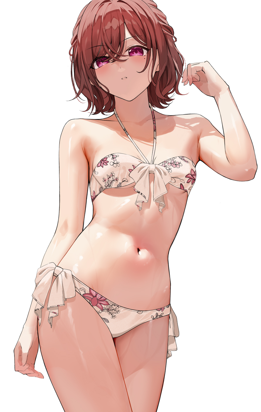 1girl arm_up armpits bangs bare_shoulders bikini breasts brown_hair collarbone contrapposto cowboy_shot eyebrows_visible_through_hair floral_print front-tie_bikini front-tie_top gin00 halterneck highres higuchi_madoka idolmaster idolmaster_shiny_colors looking_at_viewer medium_hair mole mole_under_eye navel purple_eyes side-tie_bikini simple_background small_breasts solo standing stomach swimsuit thighs white_background white_bikini