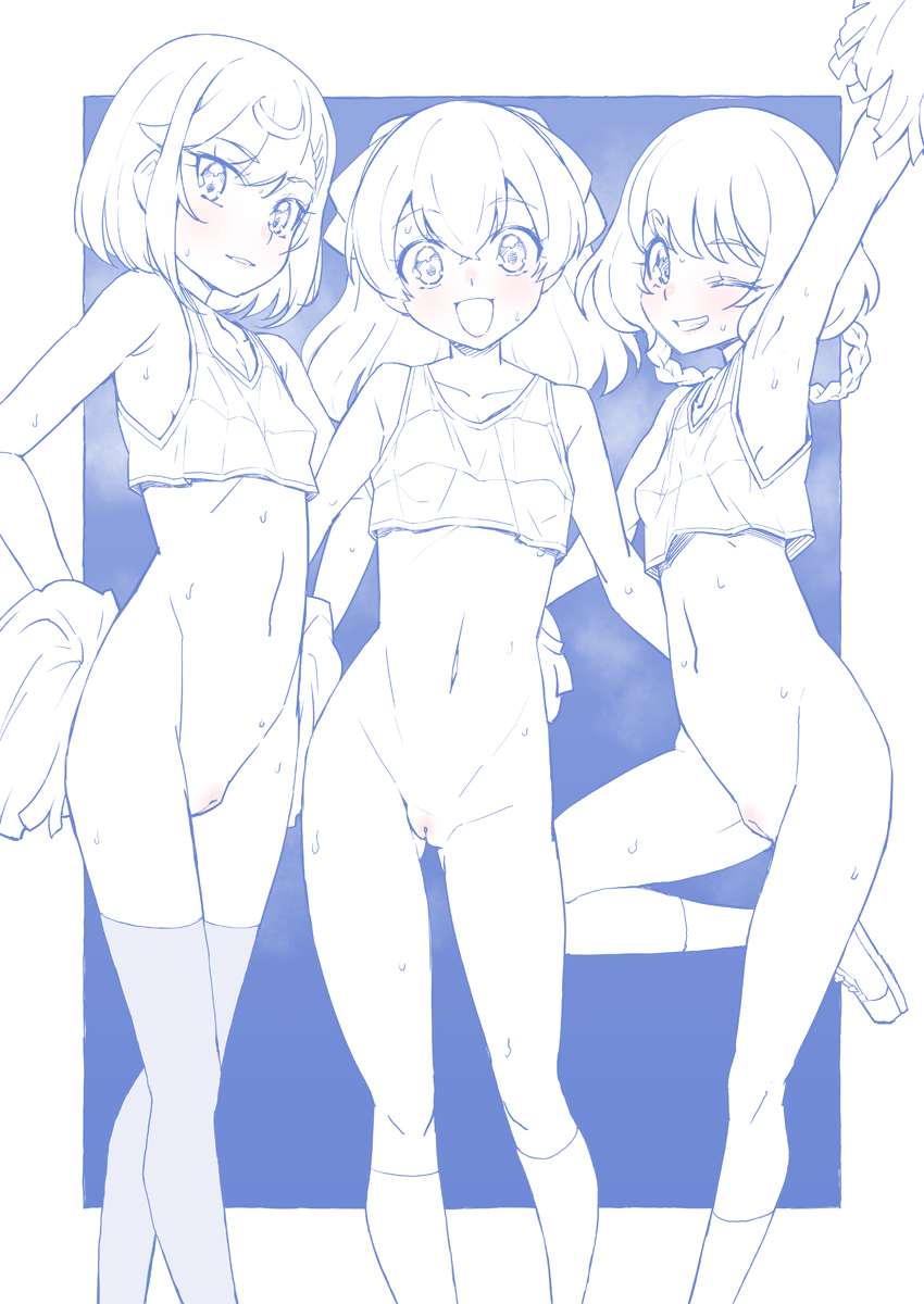 3girls :d arm_around_waist arm_up armpits ass_visible_through_thighs bangs blue_theme blush bob_cut bottomless braid breasts commentary crop_top delicious_party_precure eyebrows_visible_through_hair fuwa_kokone grin groin hair_bobbles hair_ornament hanamichi_ran hands_on_hips highres holding holding_pom_poms kneehighs leg_up locked_arms looking_at_viewer medium_hair miyagoe_yoshitsuki monochrome multiple_girls nagomi_yui one_eye_closed open_mouth outside_border parted_lips pom_pom_(cheerleading) precure pussy shirt shoes short_hair side-by-side sleeveless sleeveless_shirt small_breasts smile socks spot_color standing standing_on_one_leg sweat thighhighs twin_braids